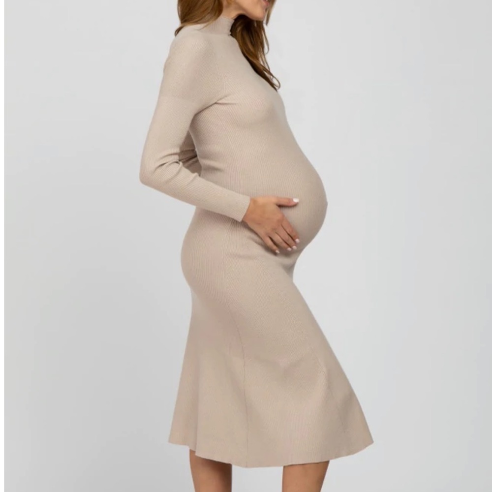 Beige Mock Neck Flared Maternity Midi Dress